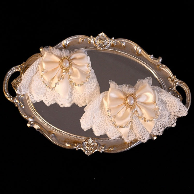 Black/White Beaded Charm Bowknot Decorated Lace Wrist Cuffs