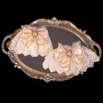 Black/White Beaded Charm Bowknot Decorated Lace Wrist Cuffs