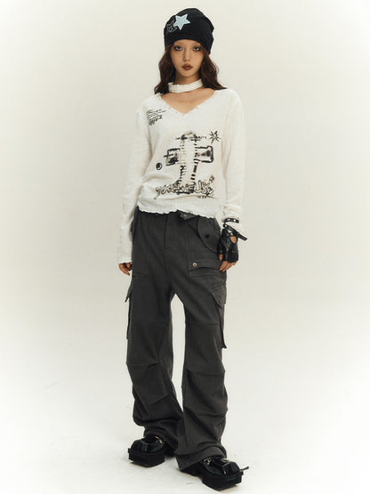 White Punk Cross V-neck Sweater with Choker