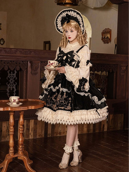 Bows Decoration Candle Embroidery Black Velvet Dress Lolita JSK / Set