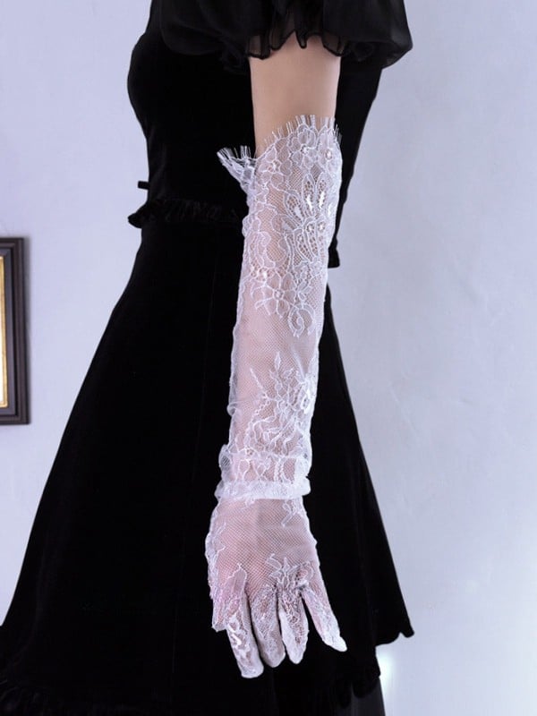 Black/White Hollow-out Design Lace Gloves