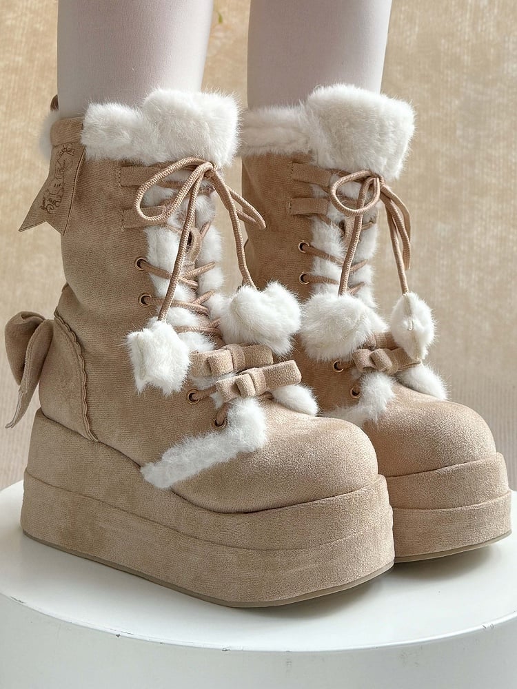 Light Brown Sweet Lolita Platform Boots with Cozy Fleece Lining, Lace-up Closure & Bow Details