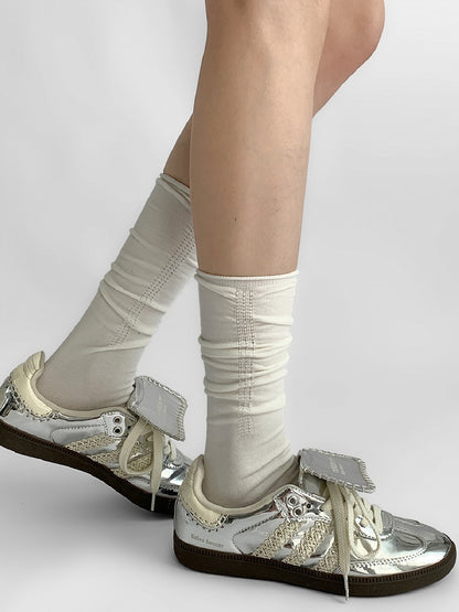 White Ribbed Trim Loose Calf Socks