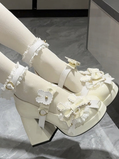 Polished White Sweet Lolita Bunny Decorated Bowknot Details Lace Trim Platform High Block Heels