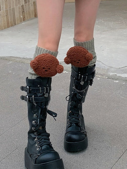 White/Khaki/Light Grey/Coffee Knitted Leg Warmers With Puppy Plushie