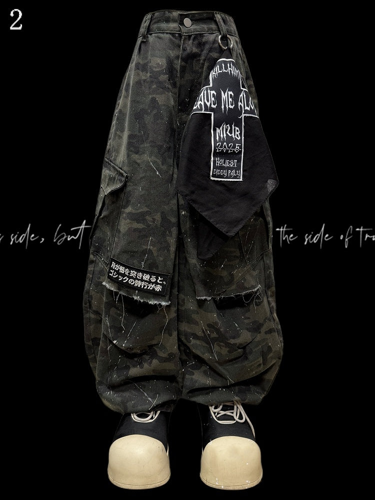 Army Green Camo Pattern Wide-Leg Cargo Pants