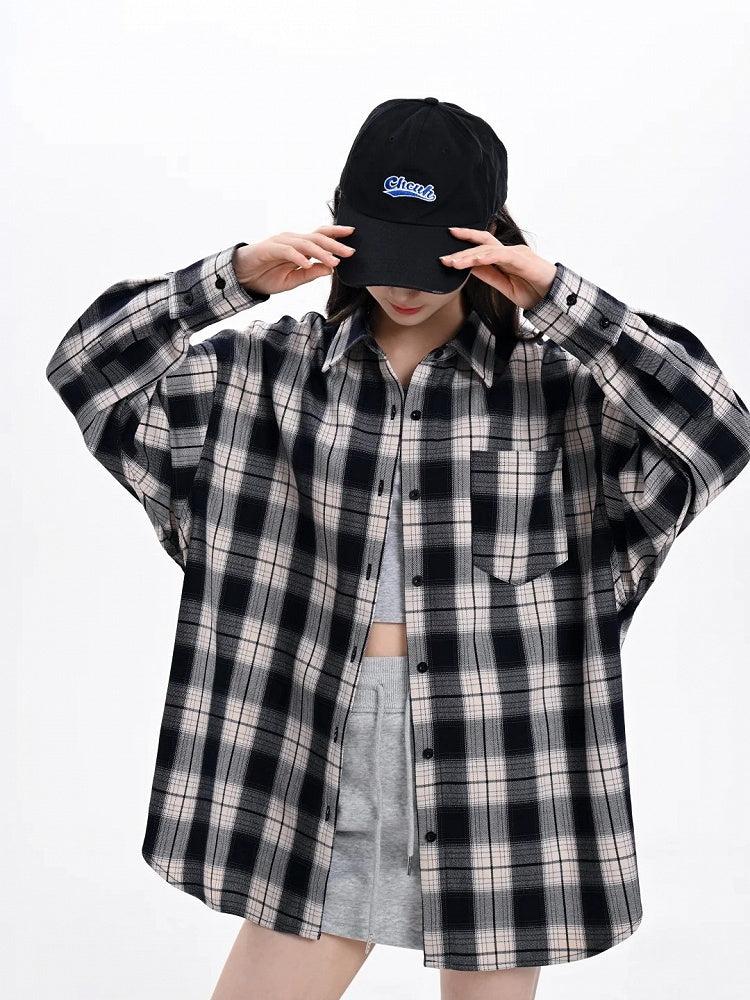 Navy Blue Front Button Placket Vintage Plaid Shirt