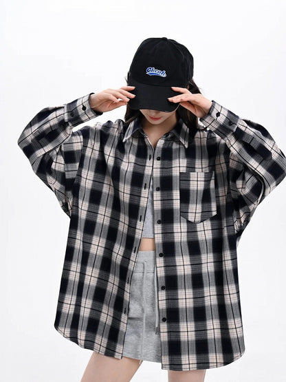 Navy Blue Front Button Placket Vintage Plaid Shirt