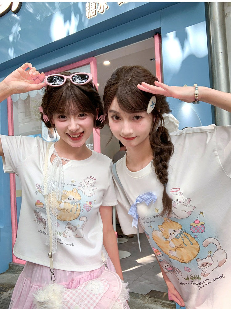Adorable Cat Print White Round Neck T-shirt Long/Short Version