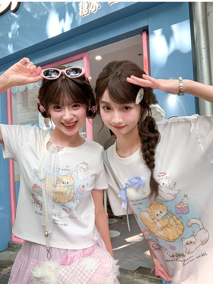 Adorable Cat Print White Round Neck T-shirt Long/Short Version