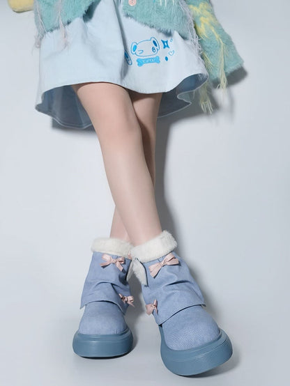 Bow Accents Denim Blue Sweet Winter Boots
