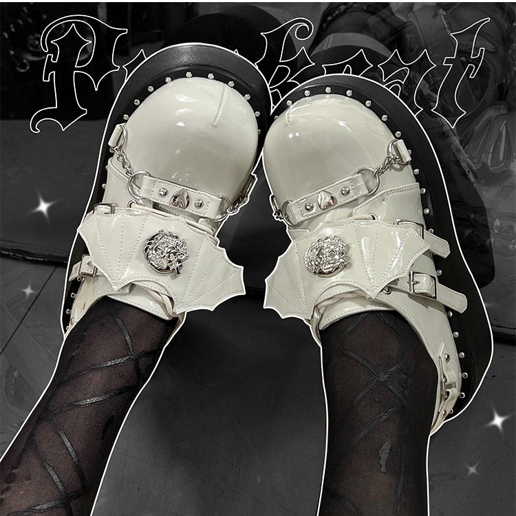 Devil Wings Punk White Platforms Silver-tone Studs Goth Shoes