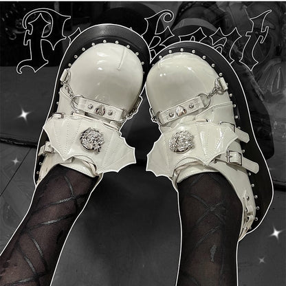 Devil Wings Punk White Platforms Silver-tone Studs Goth Shoes