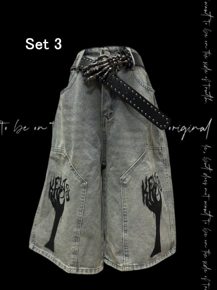 Light Blue Punk Distressed Wide-Leg Jeans