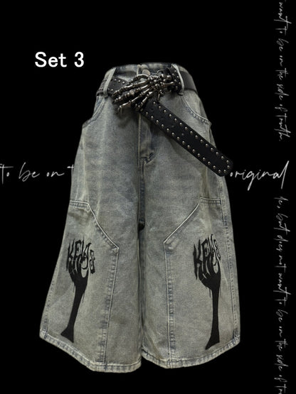 Light Blue Punk Distressed Wide-Leg Jeans