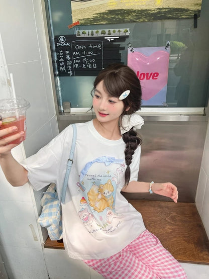 Adorable Cat Print White Round Neck T-shirt Long/Short Version