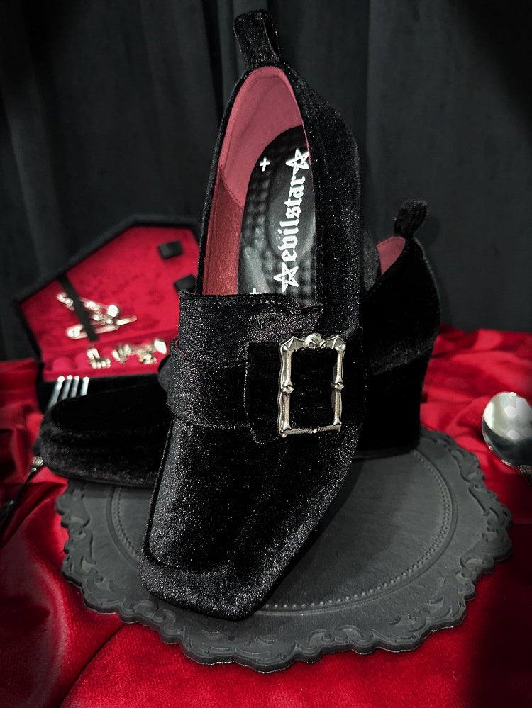 Gothic Velvet Black Square Toe High Block Heel Shoes