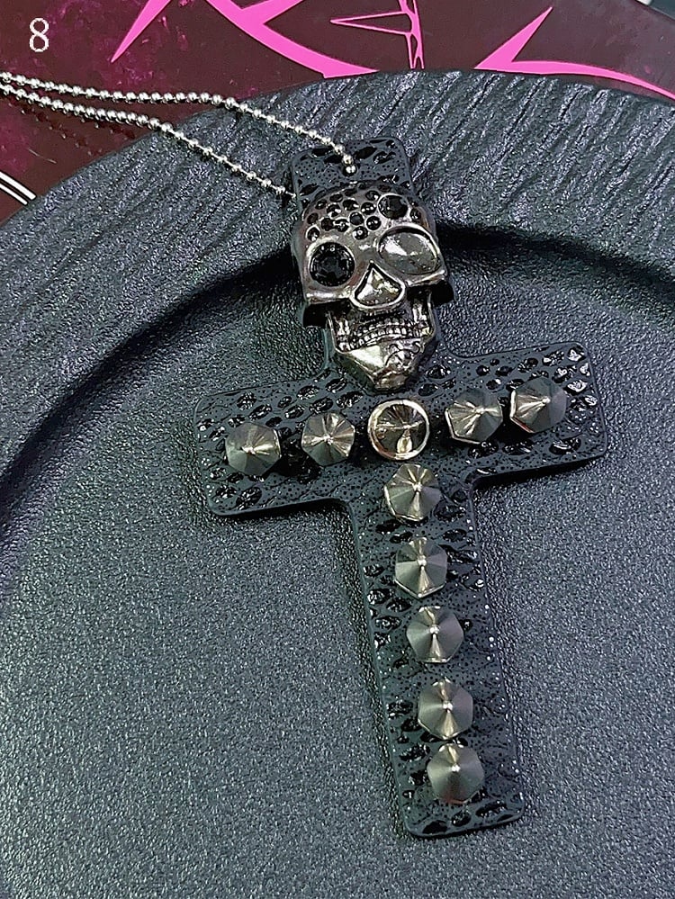 9 Options Gyaru Fashion Skeleton And Studs Leopard Cross Necklace