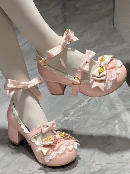 Pink Spoon Decorated Bowknot Details Sweet Lolita High Block Heels