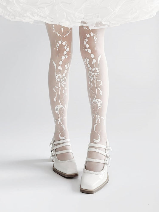 Lily of the Valley and Cross Print Shiro Gothic Lolita Tights