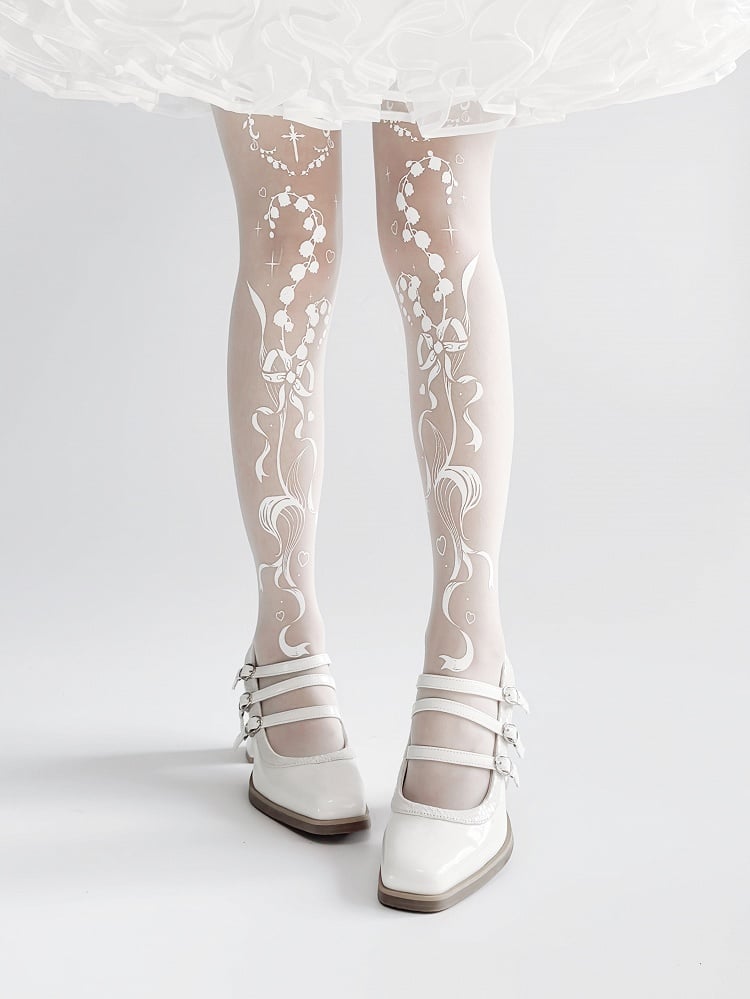 Lily of the Valley and Cross Print Shiro Gothic Lolita Tights