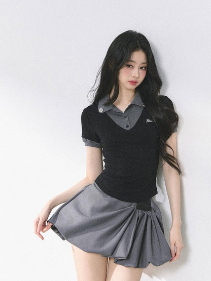 Rhinestones Decorated Polo Collar Pink& Apricot/ Black& Gray T-shirt Faux Two-pieces