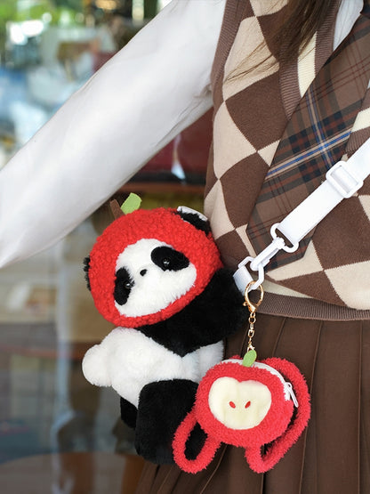 Cute Panda Plush Backpack/Crossbody Bag + Apple Hat + Apple Backpack Keychain