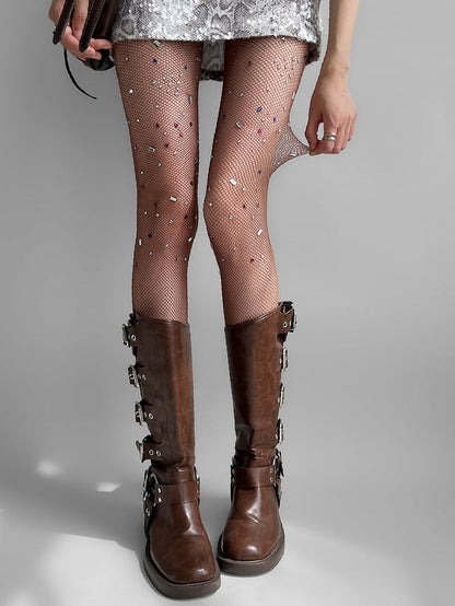 White/Brown Rhinestone Decorated Fishnet Tights