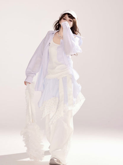 White Low Waist Handkerchief Hem Wide-leg Pants Faux Two-pieces