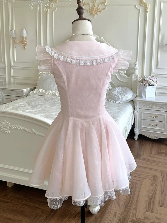 Pink Lace-up Waist Lace Trim Flutter Sleeves Balletcore Dress