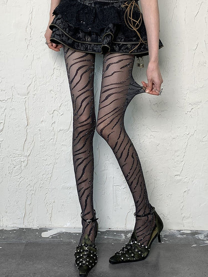 Black Punk Zebra Stripes Shimmering Tights