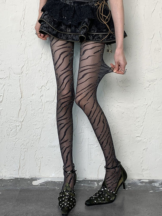 Black Punk Zebra Stripes Shimmering Tights