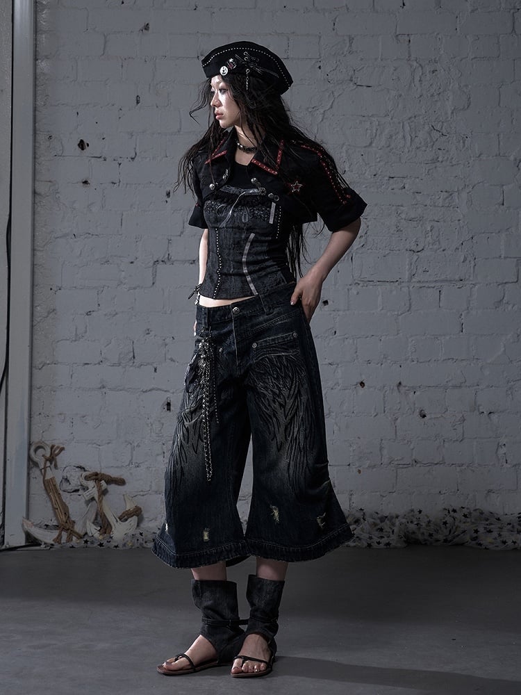 Black/White Pointed Flat Collar Studs and Metal Buttons Open Placket Navycore Top