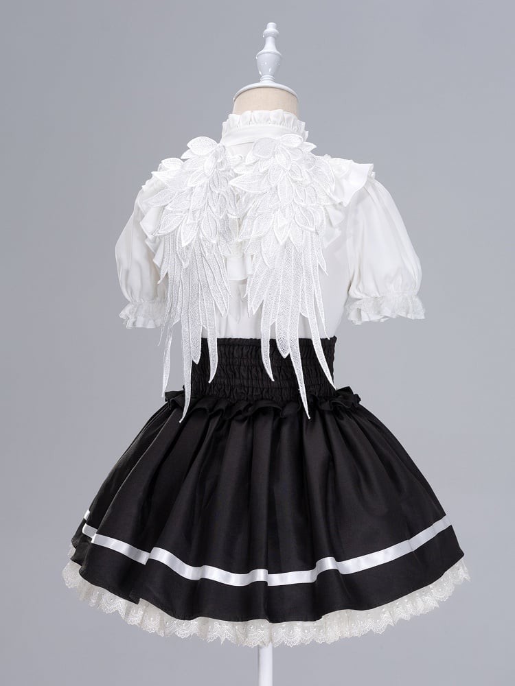 Lace Angel Wings at Back White Short Sleeves Blouse