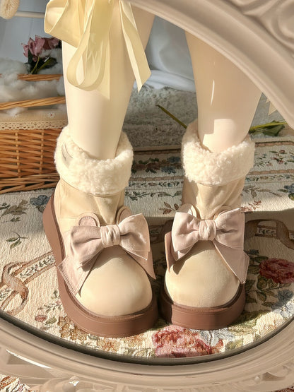 Beige Bunny Ear Design Bowknot Platform Winter Ugg Boots