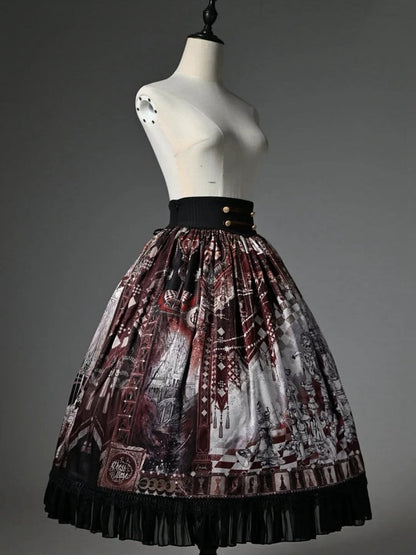 Red Corset Belt Waist Chess Theme Print Lolita Skirt