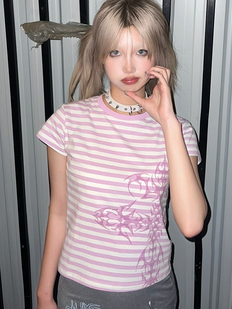 Dark Blue/Light Purple Stripe Pattern Cross Print Top