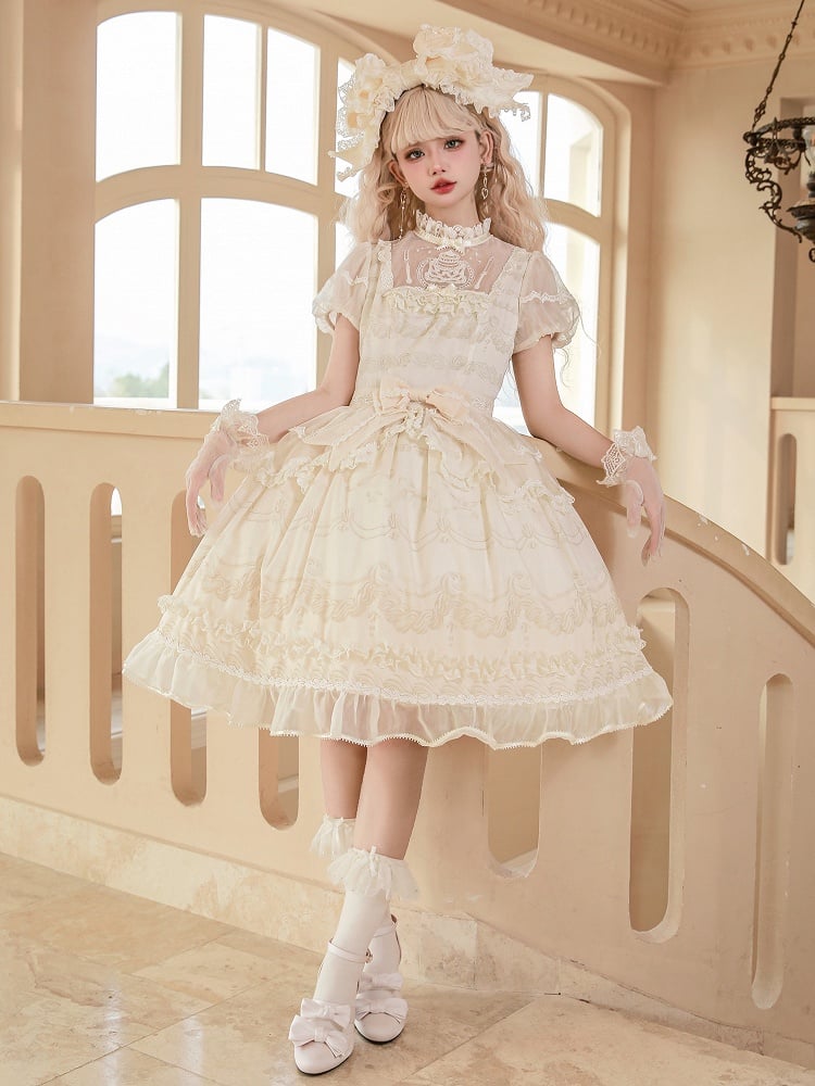Creamy White Illusion Neckline Short Sleeves Lolita One Piece