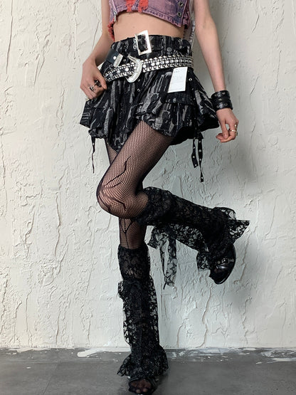 Black Y2K Star Pattern Self-tie Strap Lace Trim Leg Sleeves