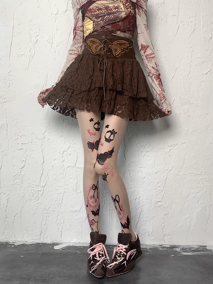 Y2K Skull and Heart Print Nude Sweet Grunge Tights