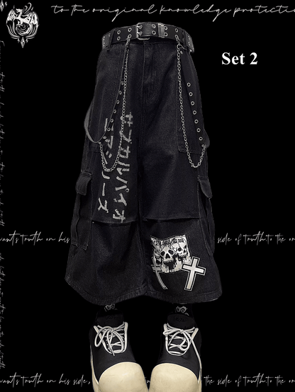Dark Blue Skeleton and Cross Applique Punk Wide-Leg Cargo Jeans