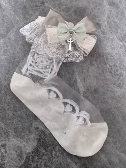 White Lolita Semi-sheer Calf Socks With Lace Cuffs And White/Gray/Pink Bowknot Details