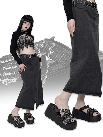 Star-shaped Buckles and Studs Black Denim Punk Platform Slippers