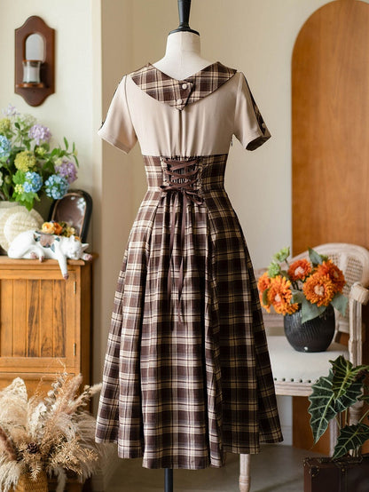 Slimming Dark Brown Retro Fashion Short Sleeves Plaid Dress
