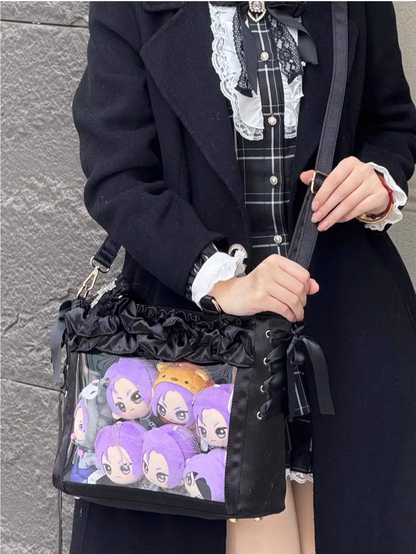 Black Satin Ruffle Trims Self-tie Straps Ita Bag With Bow Card Holder