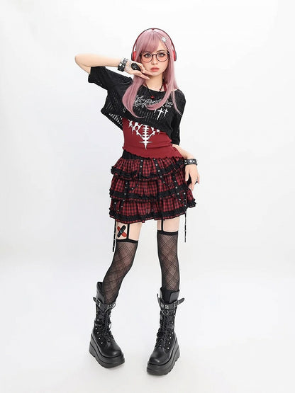 Y2K Red & Black/Black & White Plaid Strap Details Tiered Skirt