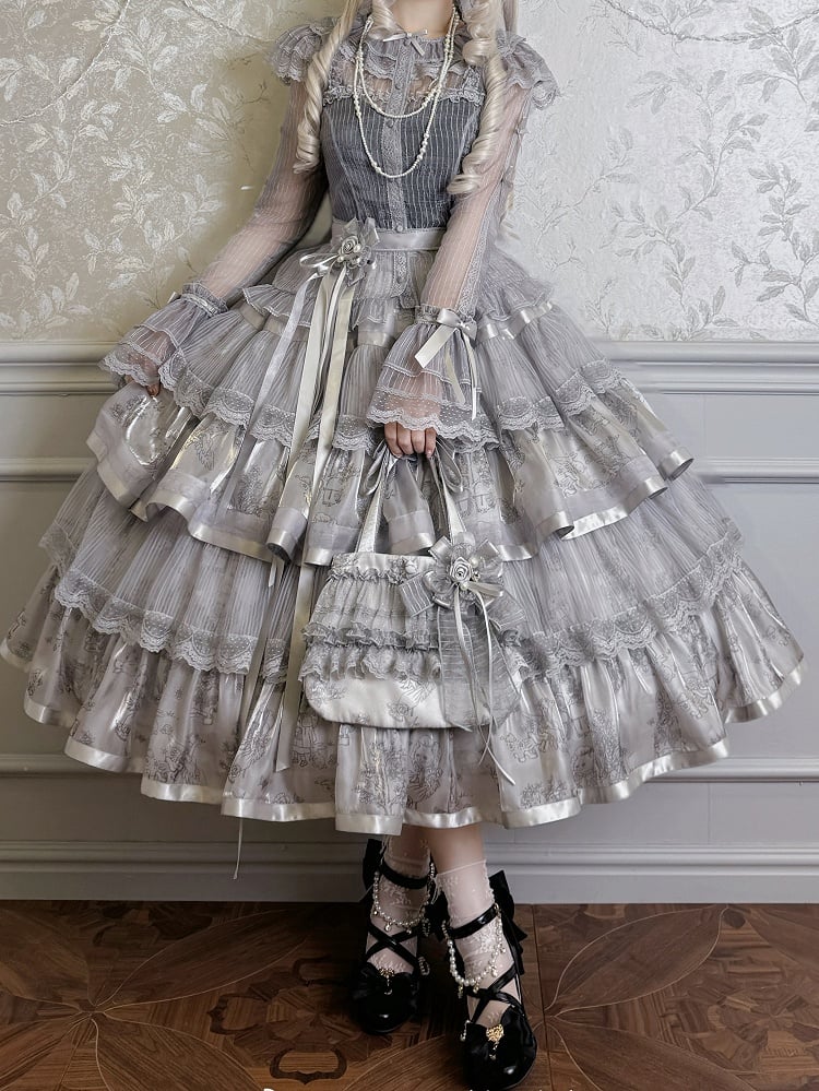 Silver Gray Bunny and Kitty Print Lolita Tiered Skirt