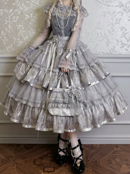 Silver Gray Bunny and Kitty Print Lolita Tiered Skirt