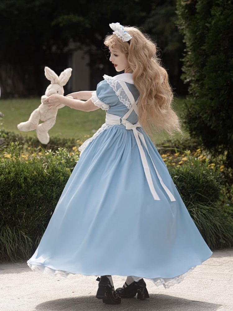 Plus Size Friendly Blue Long Version Maid One Piece + Apron Alice in Wonderland Vibes