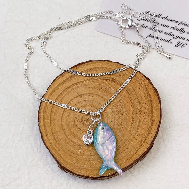 Blue/White Y2K Bittersweet Fish And Rhinestone Heart Pendant Necklace